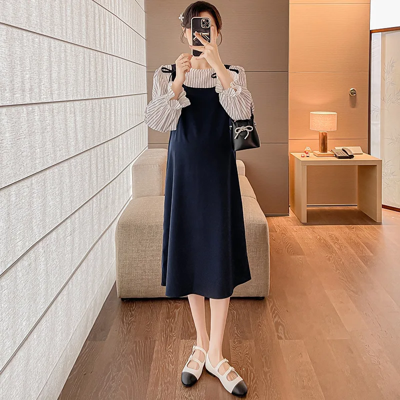 Otoño largo mujeres embarazadas vestido plisado cuello Peter Pan manga larga botón mosca maternidad vestido de lactancia camisas de lactancia - imagen 5