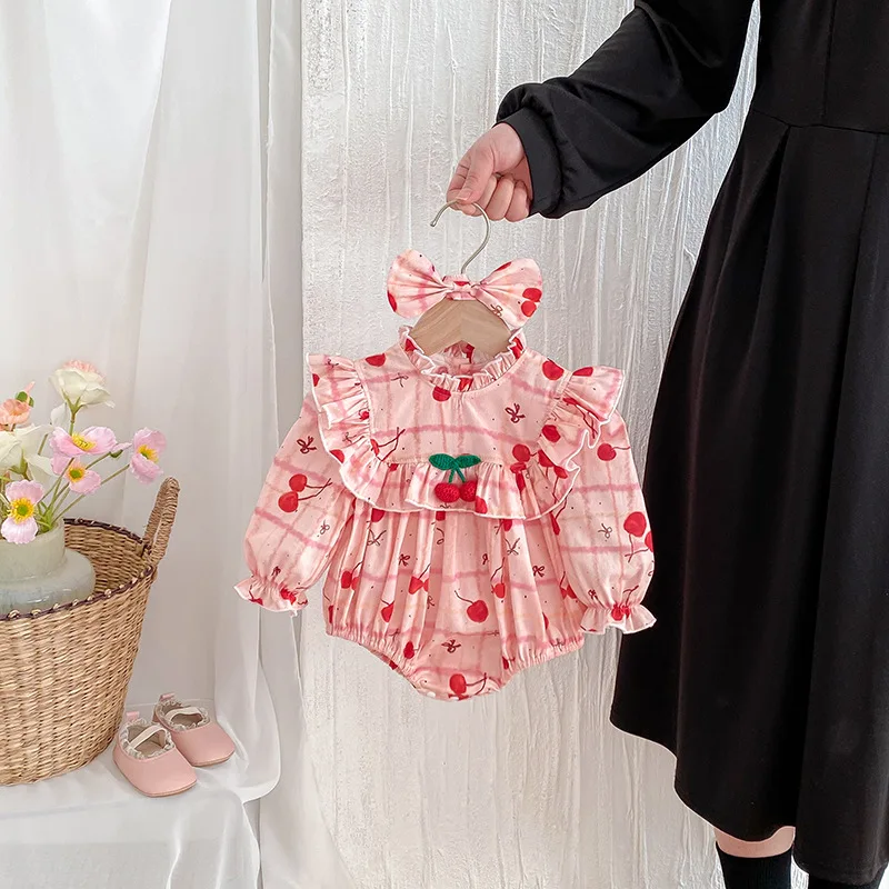 Ropa de bebé con estampado de cereza, ropa para hermanos, mono para hermanas pequeñas, traje infantil, otoño 2025 - imagen 5