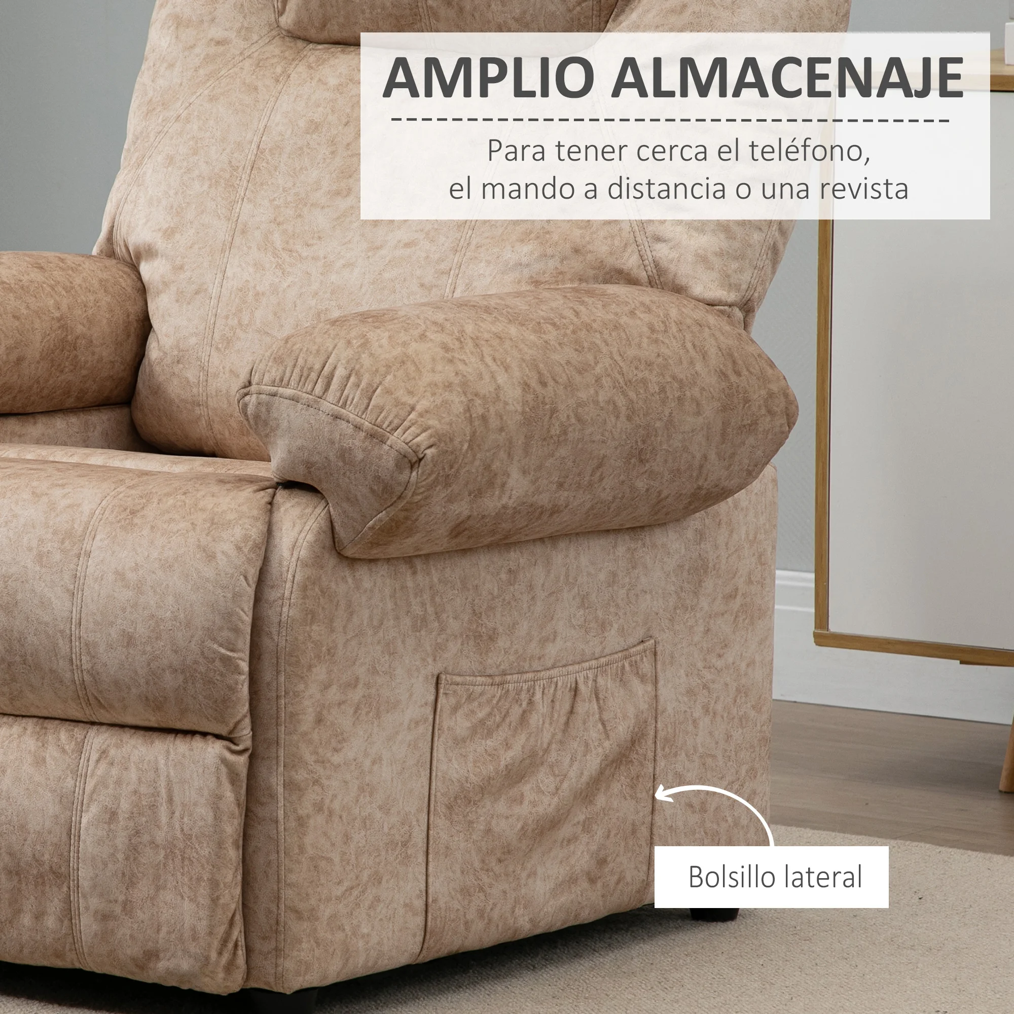 HOMCOM Sillón Relax Reclinable Manual Tapizado en Terciopelo Acolchado con Reposapiés Retráctil y Bolsillos Laterales para Salón Oficina Dormitorio 88x91x108 cm Beige - imagen 5