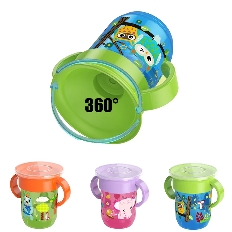 Taza de aprendizaje para bebé con dibujos animados girados 360, tapa abatible con doble asa, vasos de agua a prueba de fugas para bebés, botella sin BPA