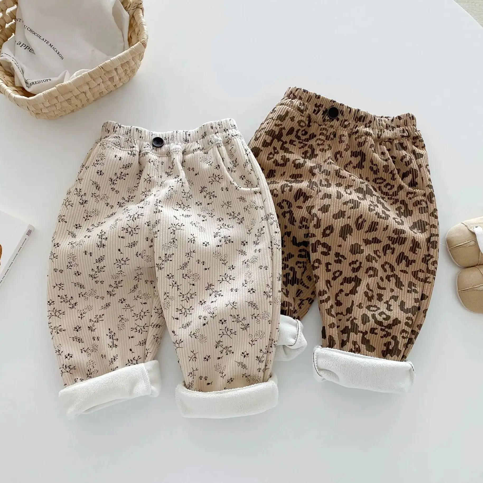 Pantalones acolchados de lana cálidos con estampado de leopardo para niños de 1 a 5 años, pantalones de invierno con estampado Floral INS para niños y niñas - imagen 2