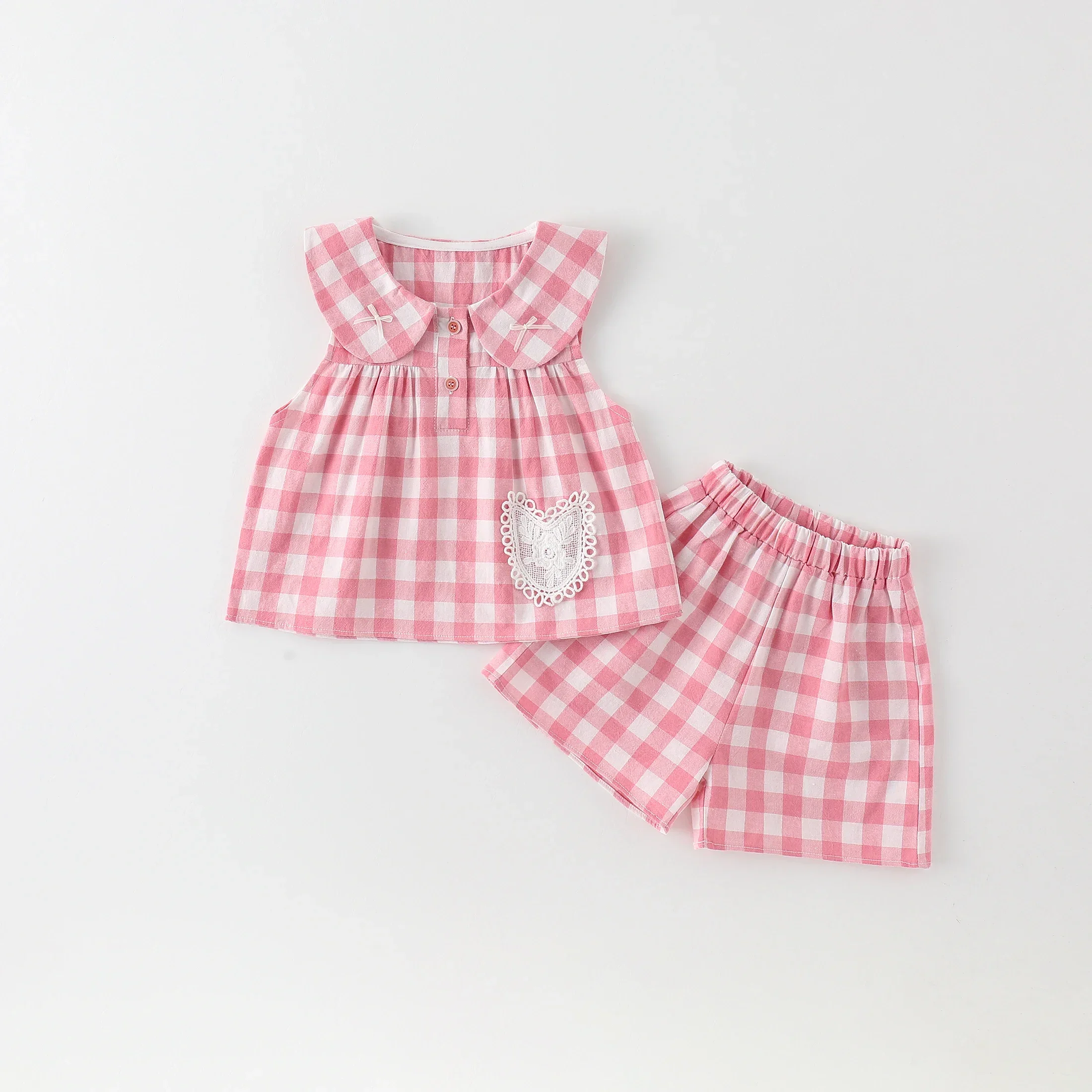 Conjunto de ropa de verano para bebé, camiseta con volantes a cuadros, pantalones cortos combinados, traje rosa, Tops básicos sin mangas, pantalones cortos de estilo holgado, 2 uds. - imagen 2