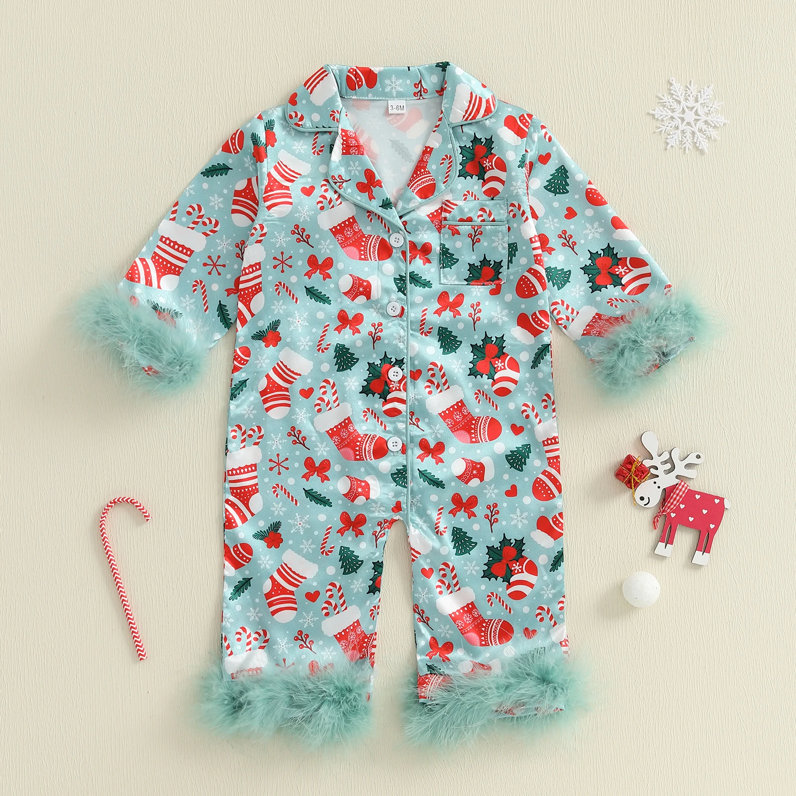 VISgogo Pijamas navideños para niña de 0 a 24 meses, solapa de manga larga, Papá Noel/punto/calcetines/monos con estampado de bastón de caramelo, pijama - imagen 3