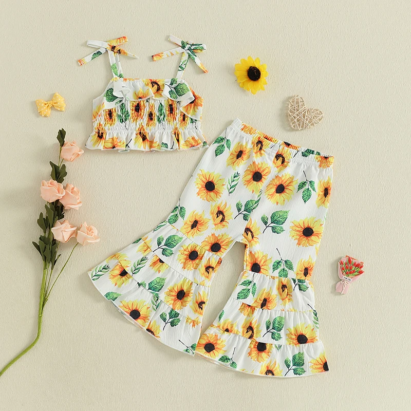 Conjunto de 2 piezas de ropa de verano para niña pequeña con estampado de girasol/cereza y tirantes finos con volantes y parte inferior acampanada - imagen 2