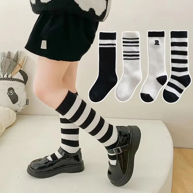 Primavera otoño bebé algodón niños piso deporte medias nuevo coreano blanco negro rayas hasta la rodilla calcetines largos para niños ropa - imagen 3