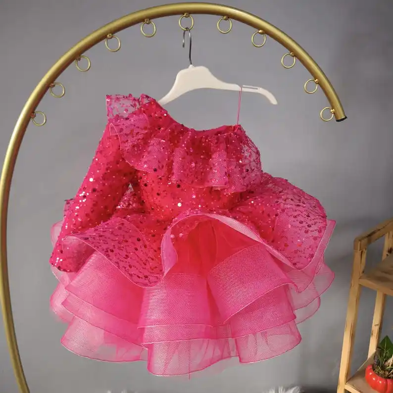 Vestido de niña de flores con lentejuelas fucsia y un solo hombro para niña: vestido de fiesta con lazo de tul para fiesta de boda - imagen 3