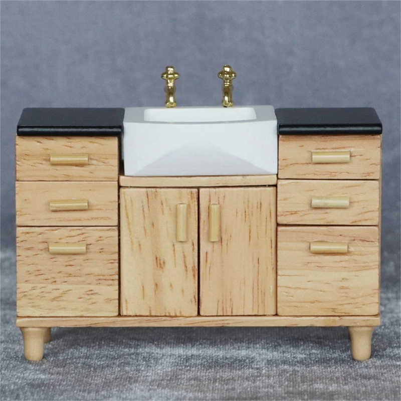 Nuevo Mini mueble para lavabo de baño para casa de muñecas, modelo seguro con borde liso, fregadero de cocina en miniatura de madera, juguetes de tocador, escala 1:12 - imagen 2