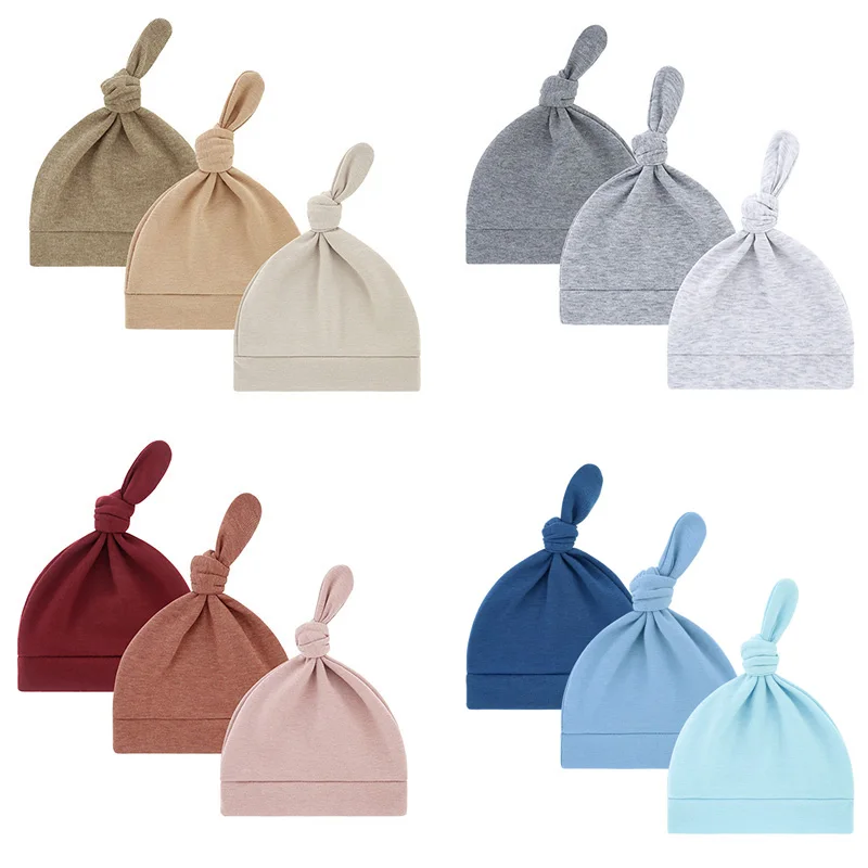 3 unids/lote gorro para bebé recién nacido para niños y niñas gorro anudado de algodón de Color sólido sombreros infantiles simples accesorios para recién nacidos de una sola capa