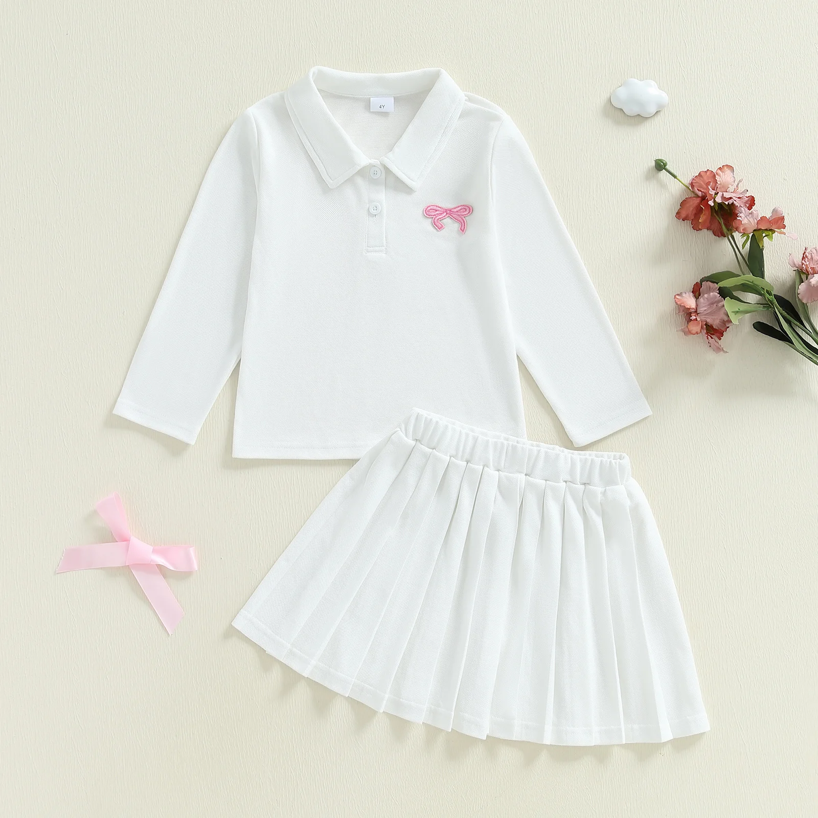 SUNSIOM Conjunto de 2 piezas de sudadera de solapa de manga larga con bordado de lazo y falda plisada de una línea para niña pequeña