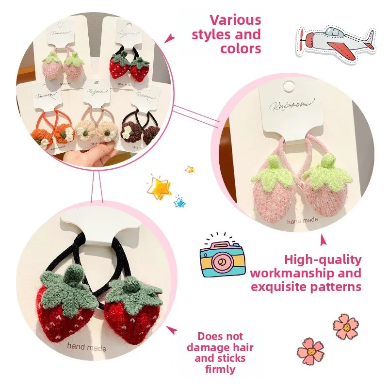 Lazos para el cabello de frutas tejidos para otoño/invierno para niñas pequeñas, lindas fresas/calabaza, suaves en el cabello, bandas elásticas suaves y versátiles para el cabello - imagen 5