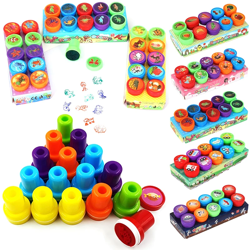 Juego de sellos surtidos en caja de sellos de dibujos animados, decoración de pintura artesanal, suministros de papelería, premio de recompensa para profesores, regalo, 10 Uds.