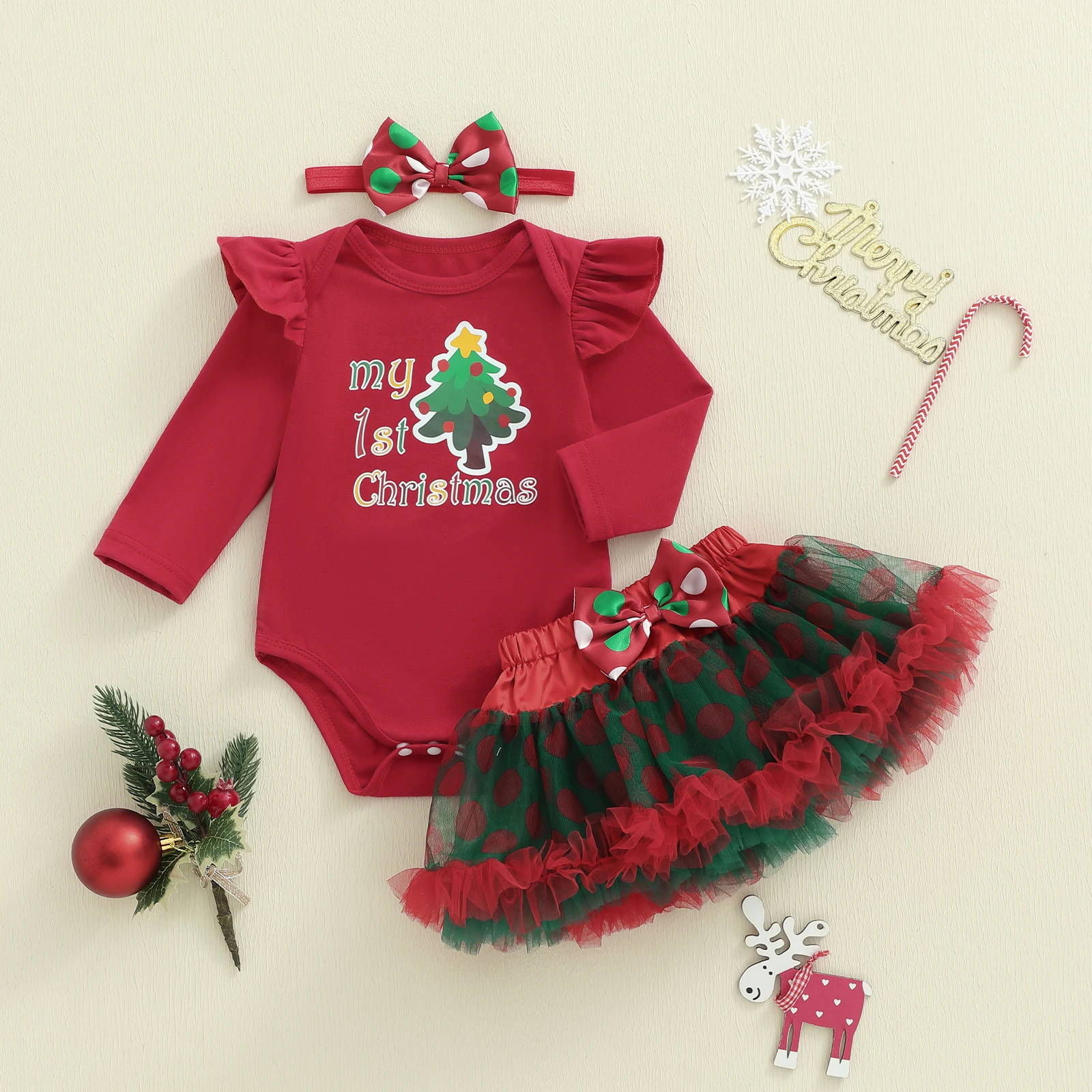 Tregren conjunto Navidad bebé mameluco letras falda tul y diadema - imagen 3