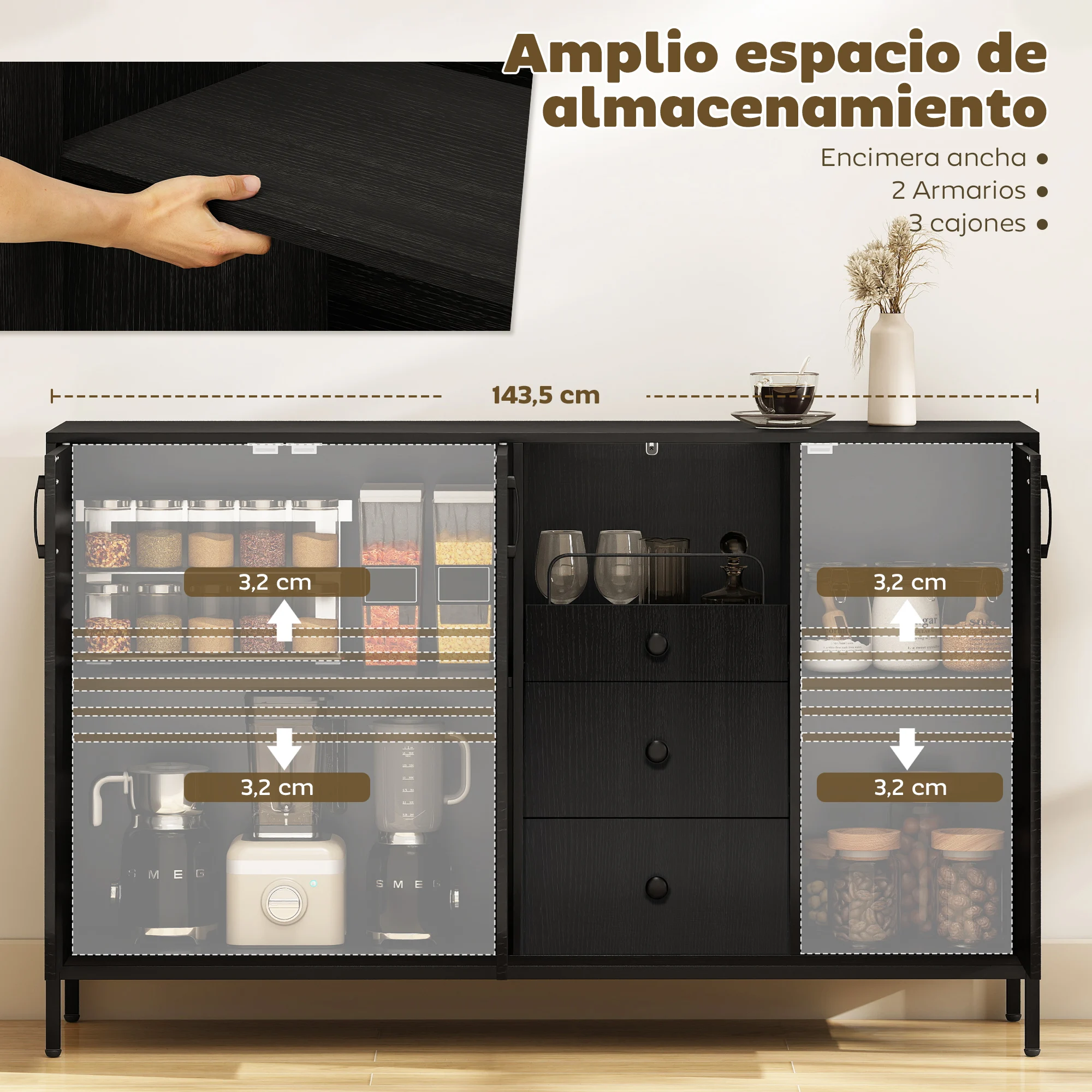 HOMCOM Aparador de 3 Puertas, Aparador de Salón con 3 Cajones, Estantes Ajustables, para Cocina, Entrada, Comedor, Dormitorio, Negro, 143,5x40x90 cm - imagen 4