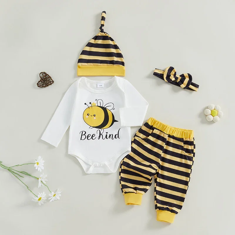 Ropa de otoño para bebé de 0 a 18 meses, peleles de manga larga con estampado de abeja/mariquita y pantalones elásticos, diadema con lazo, sombrero, conjunto de 4 piezas - imagen 2