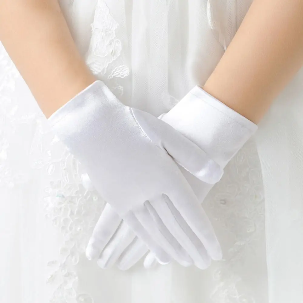 Guantes de boda blancos elegantes para niños, guantes cortos de encaje satinado brillante, guantes elásticos para vestido de etiqueta, vacaciones