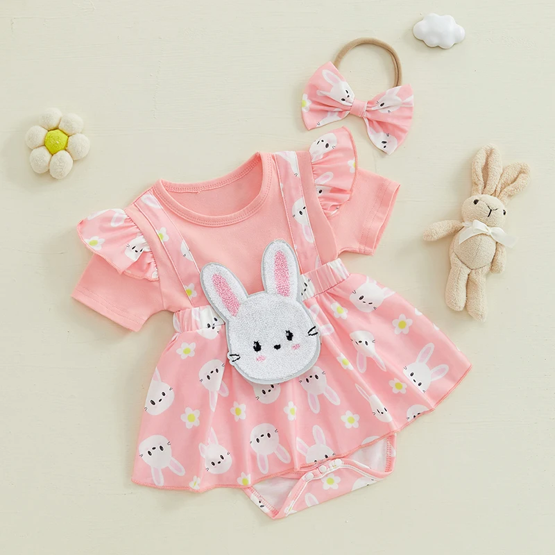 SUNSIOM Vestido mameluco de Pascua para niña de 0 a 18 meses, manga corta, cuello redondo, estampado de conejito, mameluco con diadema - imagen 4