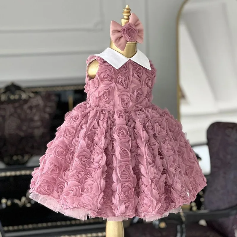 Vestido tutú con detalle de rosa para niñas pequeñas, vestido de princesa europea sin mangas para ocasiones especiales Vestido de Pascua de longitud media - imagen 4