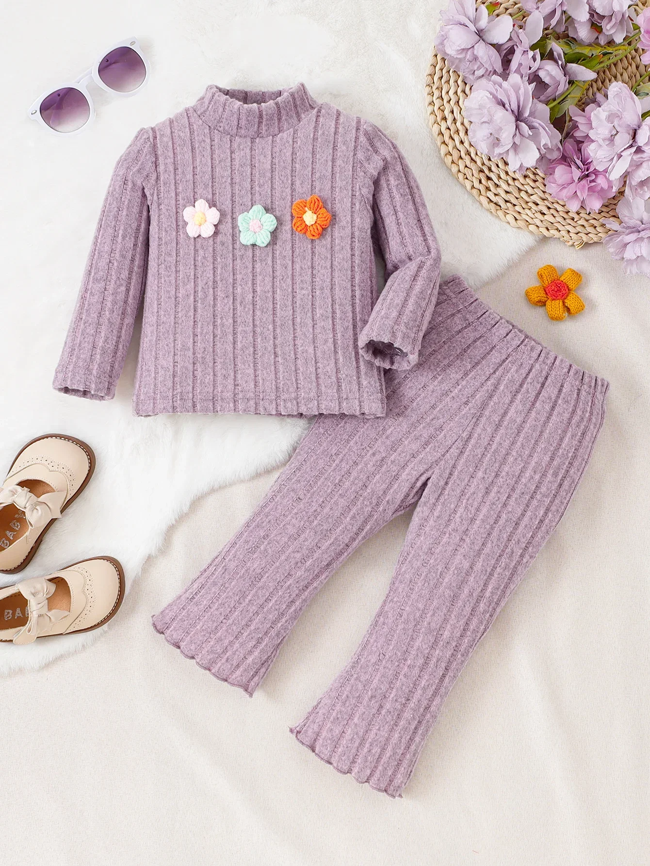 Conjunto de punto para niña pequeña, pantalones de manga larga a rayas lisas con decoración de flores, ropa informal de otoño e invierno para niño de 0 a 3 años, 2 uds. - imagen 2