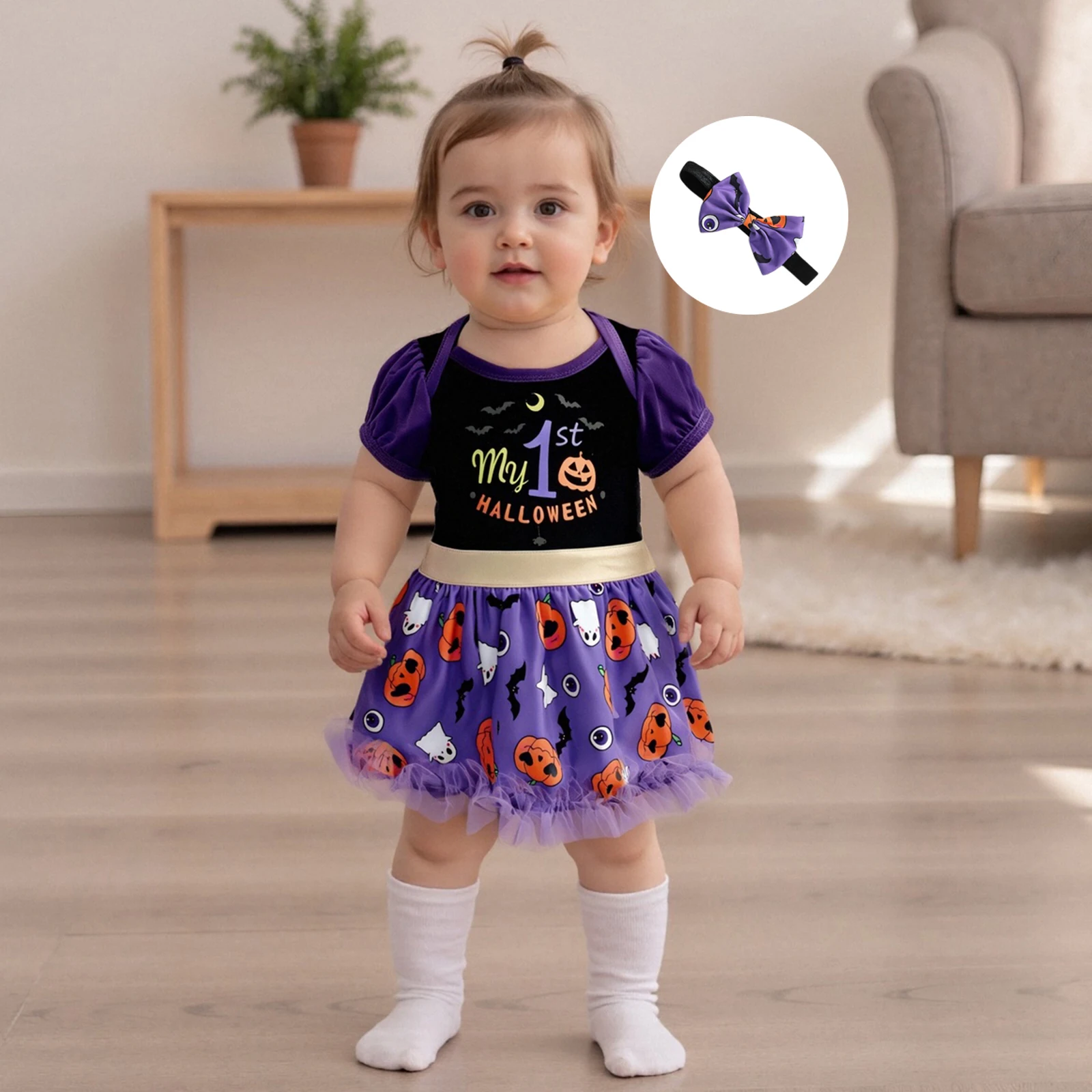 SUNSIOM Traje para niña recién nacida, vestido mameluco con estampado de fantasma de calabaza y letras de manga corta con diadema, ropa de Halloween - imagen 5