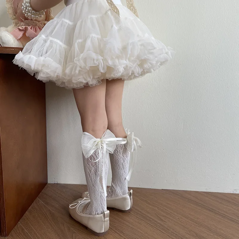 1 par de calcetines finos de verano de Jacquard Floral hasta la pantorrilla para niños y niñas, cinta con lazo a la moda, calcetines de malla dulce para niños, calcetín elástico suave de nailon - imagen 4