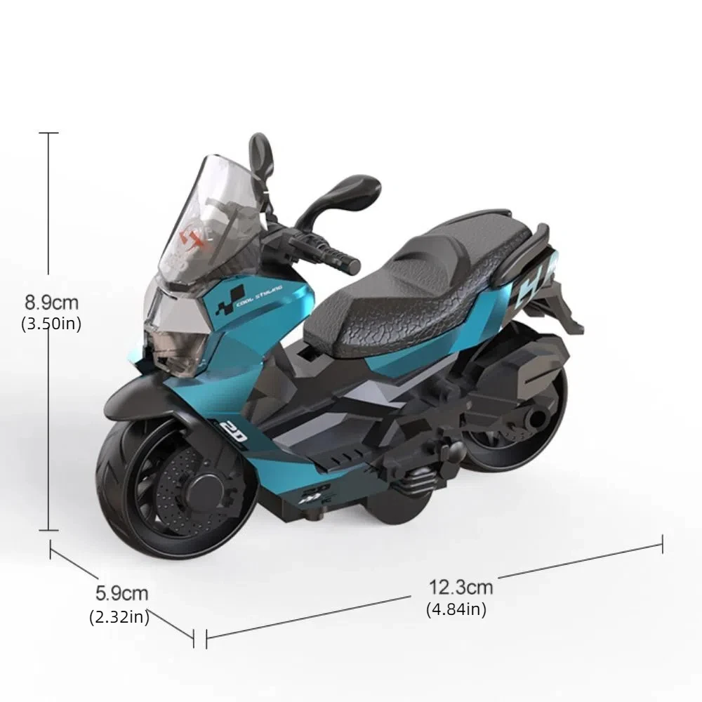 Motocicleta de juguete realista con detalles de escape y ruedas
