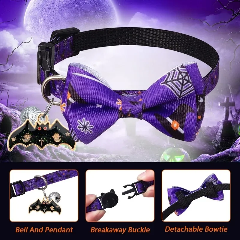 Collar de gato de Halloween con pajarita y campana, Collar de gatito ajustable para gatito, gatos adultos, suministros para mascotas, 1/4 Uds. - imagen 5