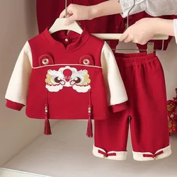 Conjuntos de 2 piezas de ropa para recién nacidos, niñas y niños, primavera y otoño, dibujos animados, lindos, rojos, manga larga, tops + pantalones, traje de Año Nuevo Chino para bebé BC346