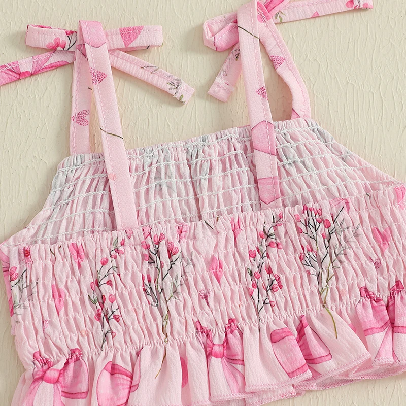 Conjunto de 2 piezas de ropa de verano para niña pequeña con estampado de girasol/cereza y tirantes finos con volantes y parte inferior acampanada - imagen 5