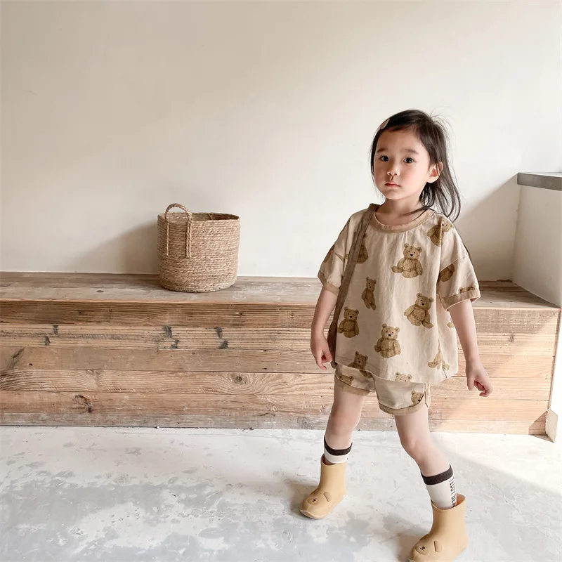 MILANCEL2023-Conjunto de ropa con estampado de oso para niños, traje Vintage de camiseta y pantalones cortos, conjunto de 2 piezas de ropa para niñas - imagen 4