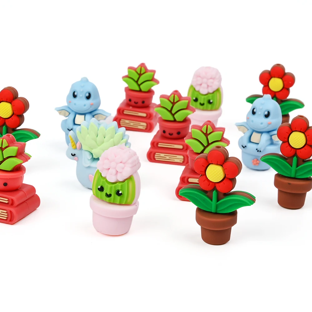 5 uds cadena de chupete cuentas de silicona cuentas en forma de planta y Animal en maceta, accesorios de cadena de bebé de calidad alimentaria para juguetes de chupete DIY - imagen 4