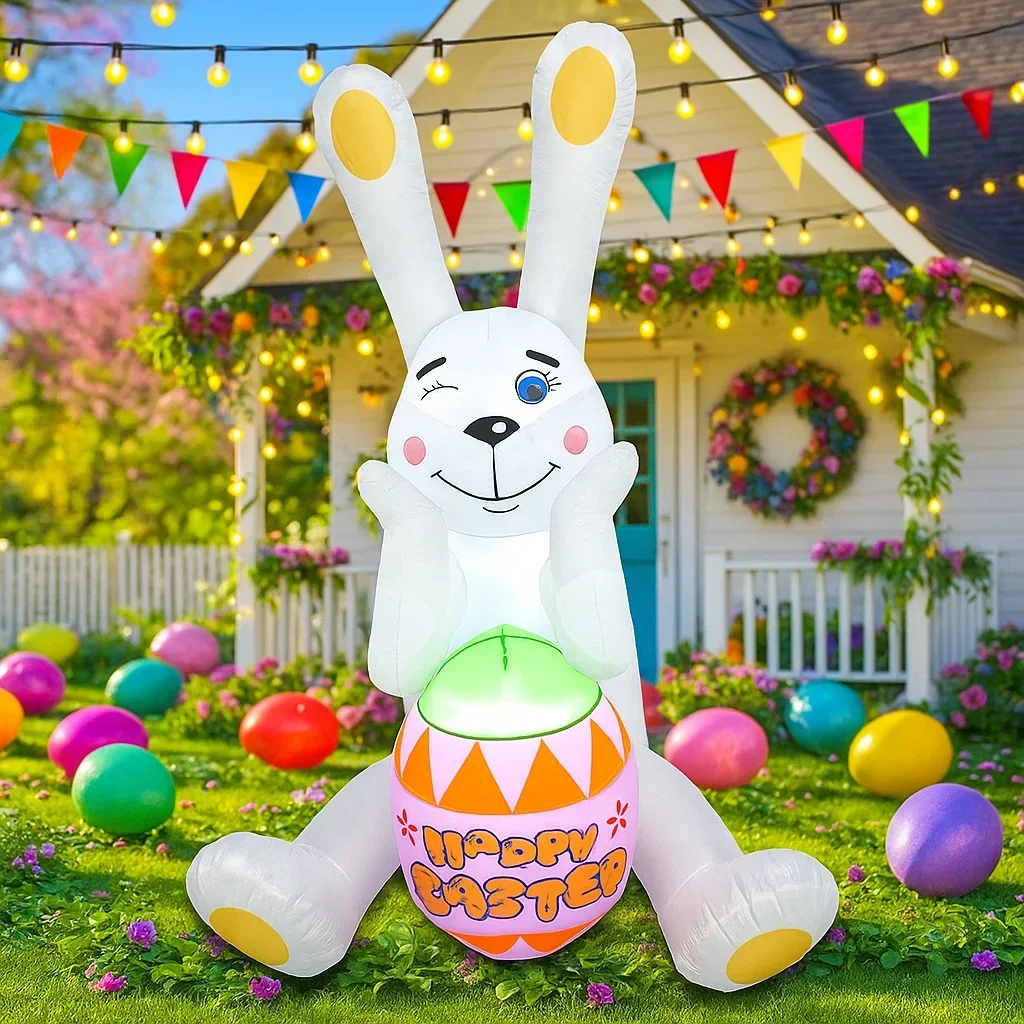 Conejo parpadeante inflable de Pascua de 5 pies, decoración de huevos, luces LED, inflables festivos para jardín, adorno inflable de Pascua - imagen 2