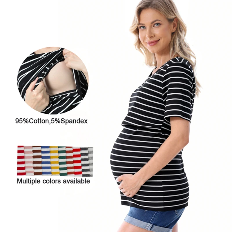 Tops de lactancia, ropa de maternidad a rayas, ropa de lactancia de manga corta para mujeres embarazadas, camiseta de lactancia posparto de verano