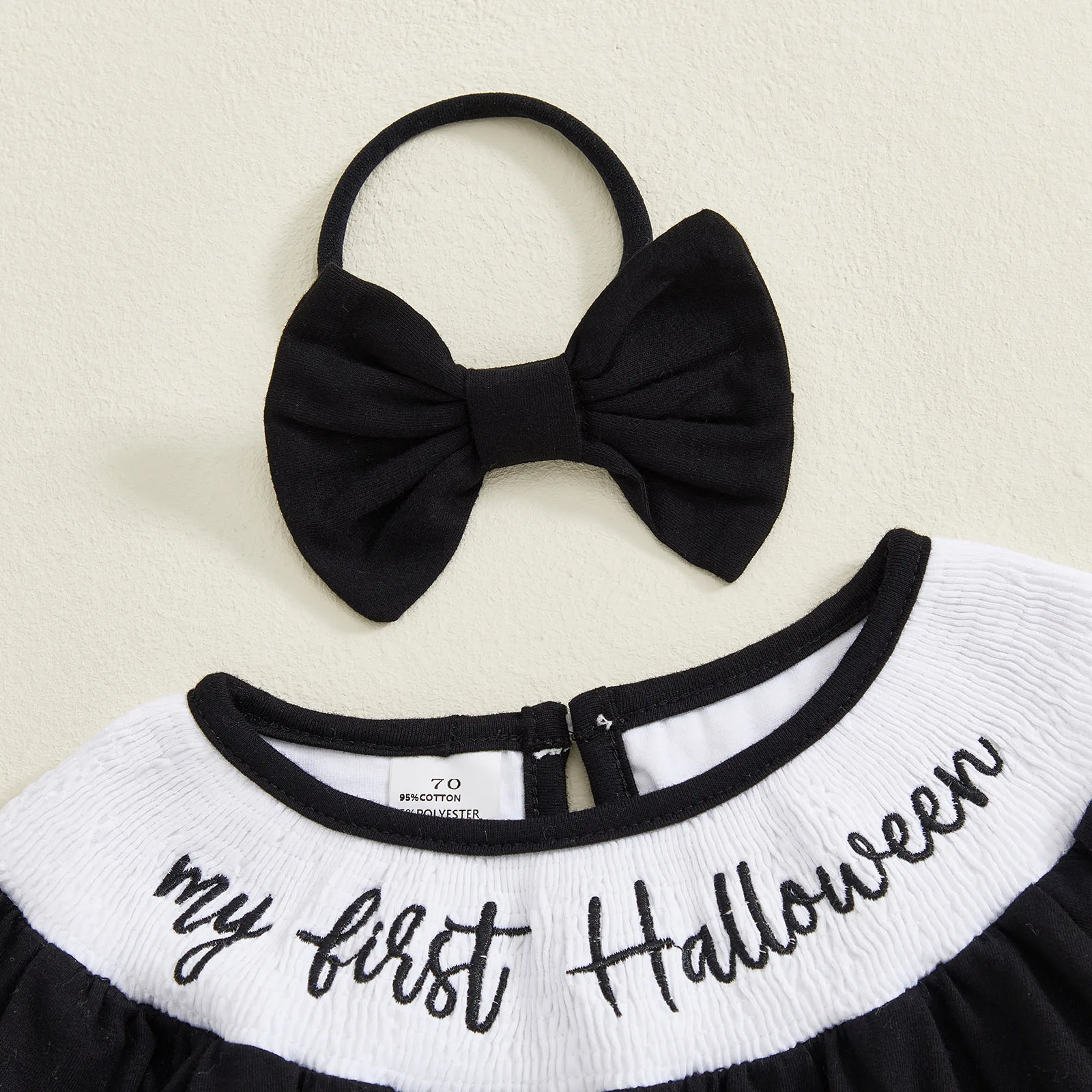 Conjunto de otoño de 2 piezas para niña de 0 a 18 meses, traje de Halloween con letras fantasma, mameluco de manga larga y diadema con lazo - imagen 3