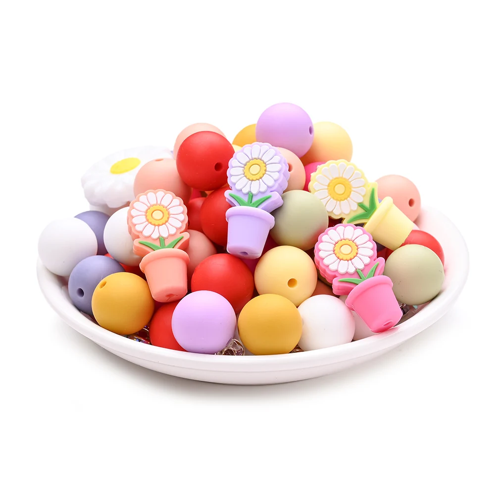 7 Uds. De cadena de chupete, mezcla de cuentas redondas de silicona, juego de cuentas de enfoque de flores para hacer joyería, collar Diy, chupete, juguete mordedor - imagen 4