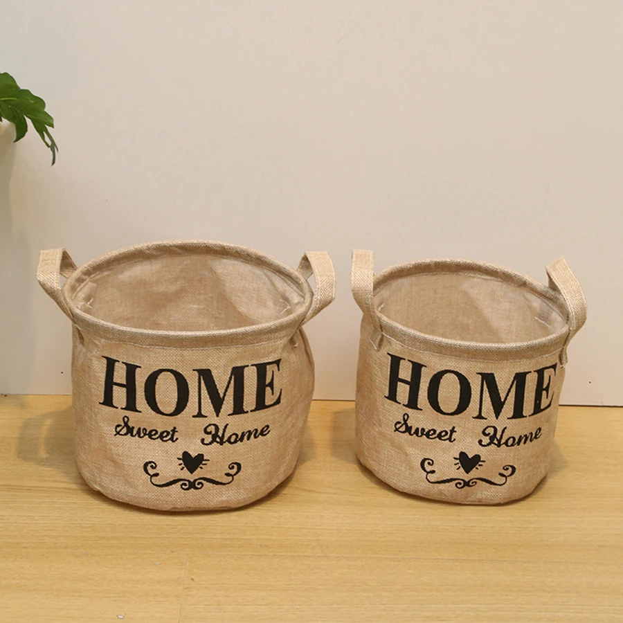 Cesta pequeña de escritorio con estampado de letras, caja de almacenamiento con marco redondo, cesta de almacenamiento con revestimiento impermeable plegable - imagen 2