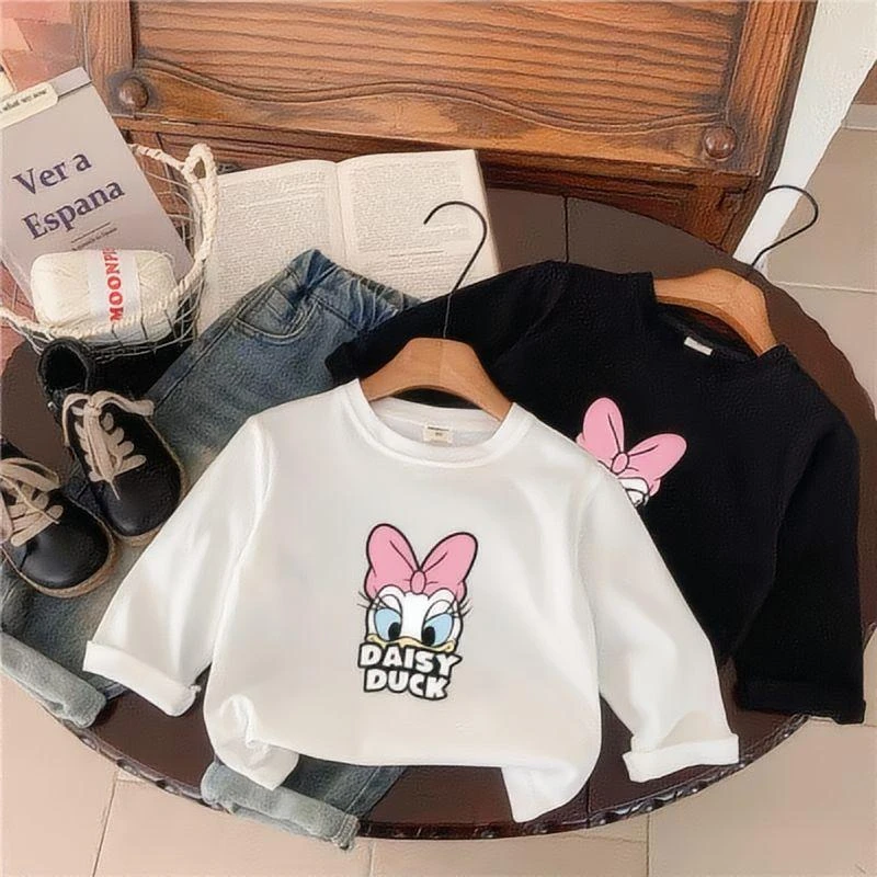 Camiseta de manga larga con diseño de pato y Margarita para niña, camisa básica informal para niño, Tops, jersey de cuello redondo, blusa, ropa para niño
