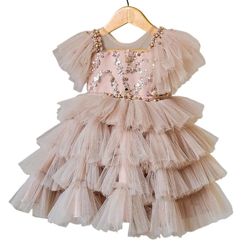 Vestido para niños 2025, nuevo vestido beige con tirantes en capas y lentejuelas para niñas, falda de malla esponjosa, pajarita - imagen 5