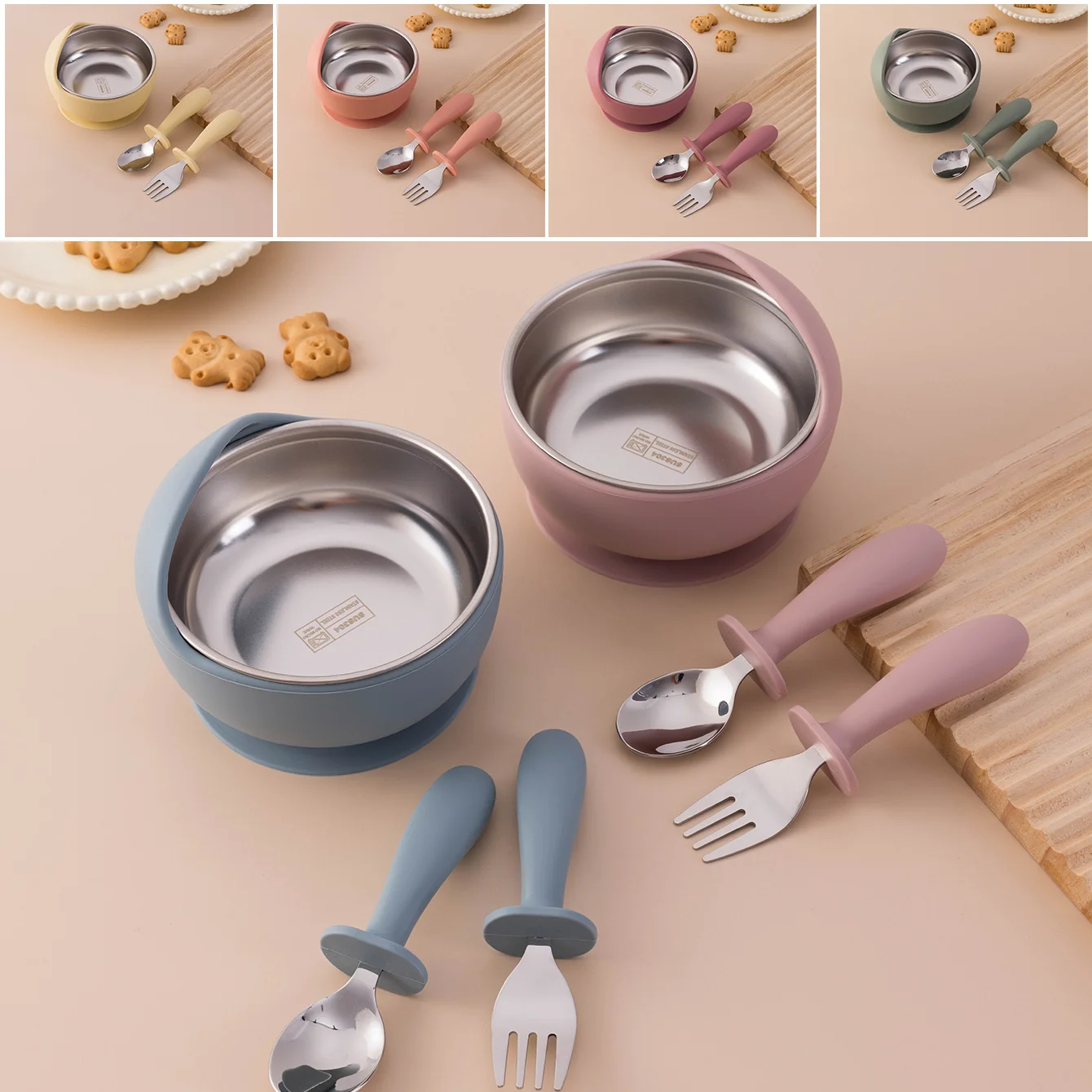 Color niños 3 uds juego de alimentación de silicona de acero inoxidable tazón de succión desmontable utensilios de autoalimentación sin BPA tenedor de entrenamiento cuchara