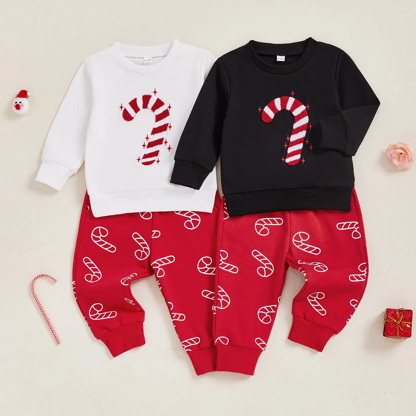 SUNSIOM Traje de Navidad para bebé con bordado de bastón de caramelo, sudadera de manga larga y pantalones elásticos, ropa de 2 piezas para niños pequeños - imagen 2
