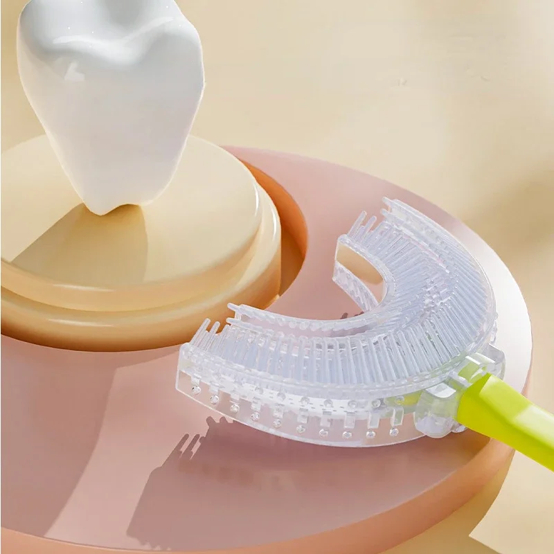 1 cepillo de dientes en forma de U para niños de 2 a 12 años, cepillo de dientes de cerdas suaves de silicona para niños, artefacto, cepillo de limpieza Dental de animales de dibujos animados - imagen 5