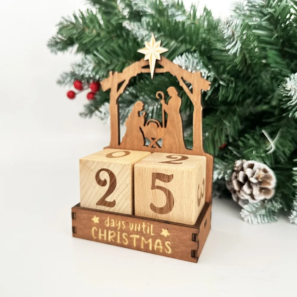 Calendario de Adviento de Natividad de madera, bloques de cuenta regresiva, días hasta Navidad, decoraciones navideñas de invierno para el hogar, mesa y oficina - imagen 5