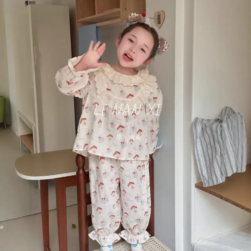 1 Juego de ropa de dormir dulce de dibujos animados para niña, pijamas Kawaii con volantes de oso y conejito para niños, pantalones de manga larga de algodón suave para primavera y verano - imagen 4