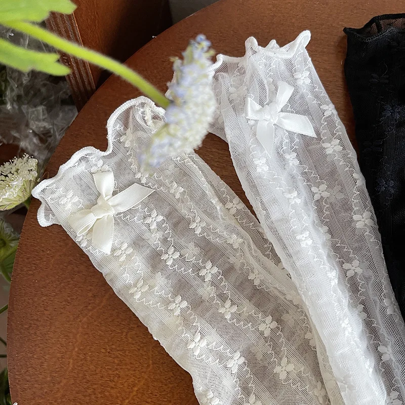 Nuevos calcetines de princesa de primavera para niños 1-11T dulce lazo de encaje 3 colores calcetines hasta la rodilla para niñas calcetines finos florales para niños en calcetines de tubo - imagen 4