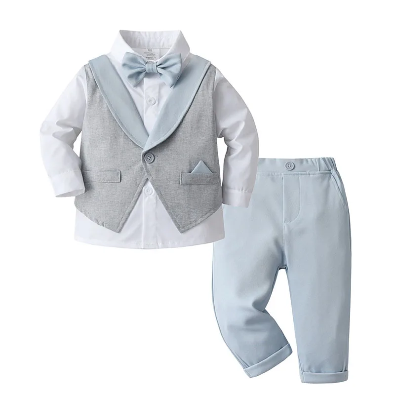 Conjunto de ropa de manga larga para bebés, chaleco falso con pajarita, dos camisas, pantalones, 2 piezas, trajes de vestido de fiesta de cumpleaños, ropa Formal