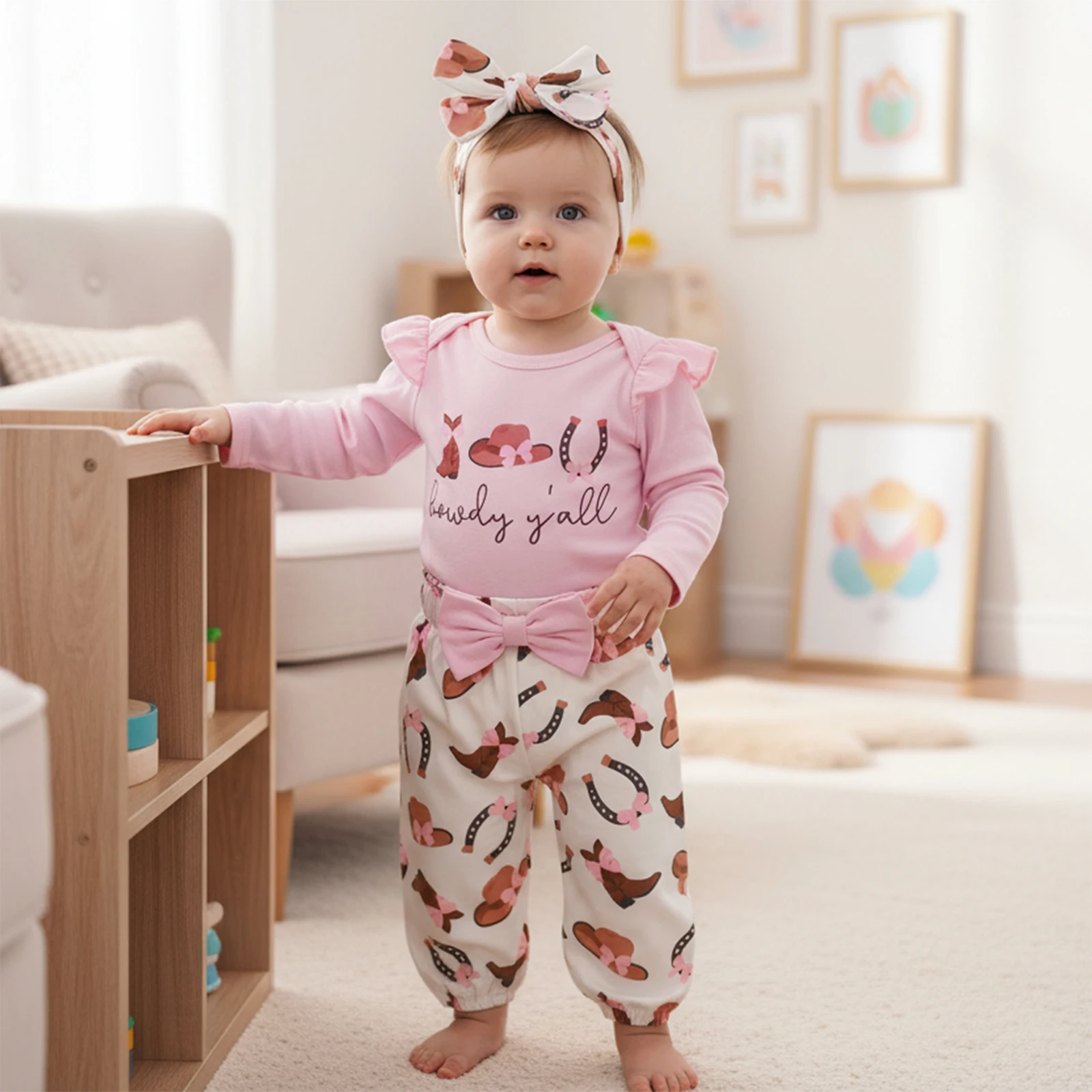 Suefunskry Conjuntos de ropa para niña, botas occidentales de moda, mameluco estampado de manga larga con pantalones, diadema, trajes de otoño de 3 piezas - imagen 3