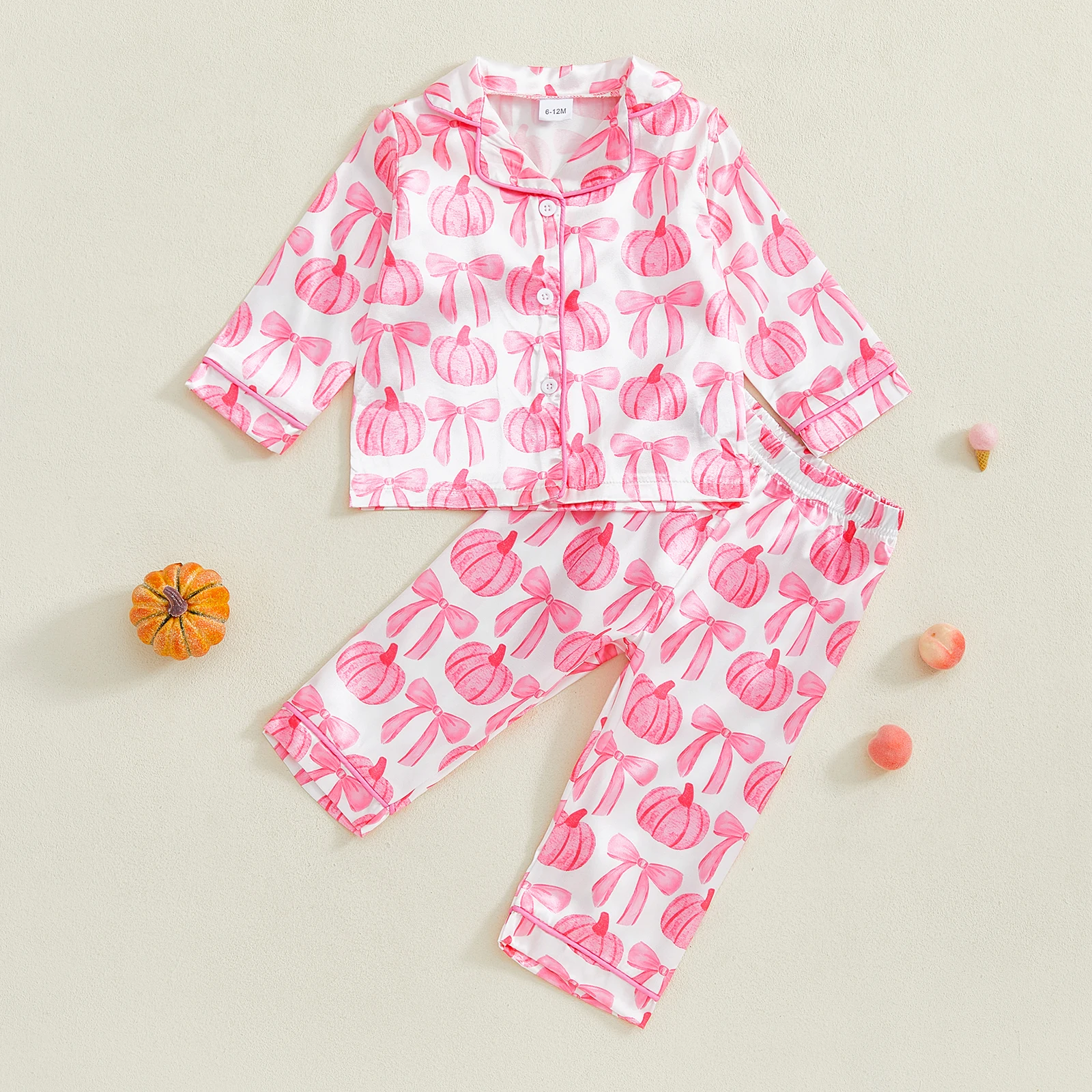 VISgogo Conjunto de pijamas de Halloween para niñas con estampado de lazo de calabaza Tops de manga larga con pantalones de cintura elástica Ropa de dormir