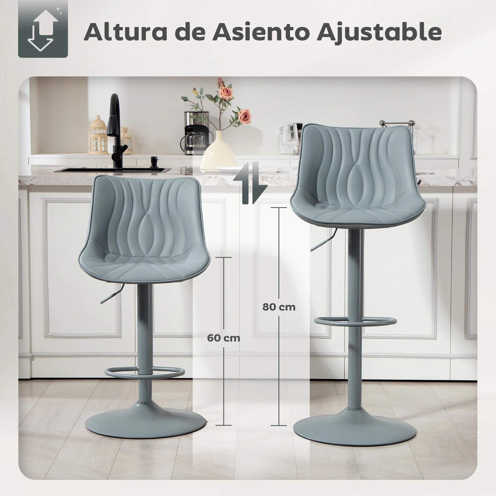 HOMCOM Juego de 2 Taburetes de Bar Taburetes Altos de Cocina Giratorios con Altura Ajustable 92-110 cm Respaldo Asiento de Piel Sintética Marco de Acero y Reposapiés para Comedor Mostrador - imagen 5