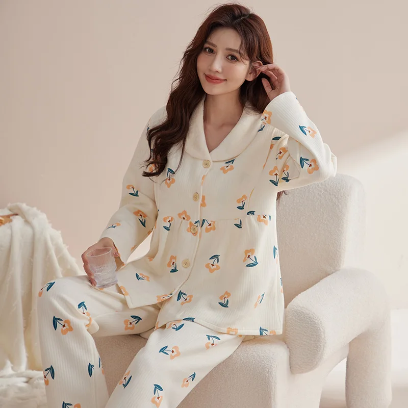 Conjunto de ropa de dormir de maternidad para lactancia, pijamas de lactancia acolchados de algodón estampado para otoño e invierno, para embarazo, salón en casa, uso hospitalario - imagen 2