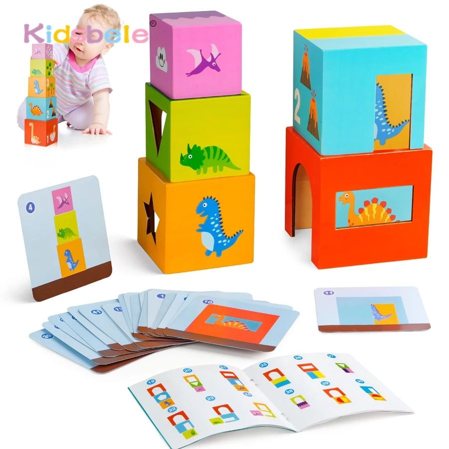 Rompecabezas de juguete para niños pequeños, caja de madera de 5 uds para construir y apilar, juguete de reconocimiento de números de colores Montessori con 24 tarjetas, juguete lógico