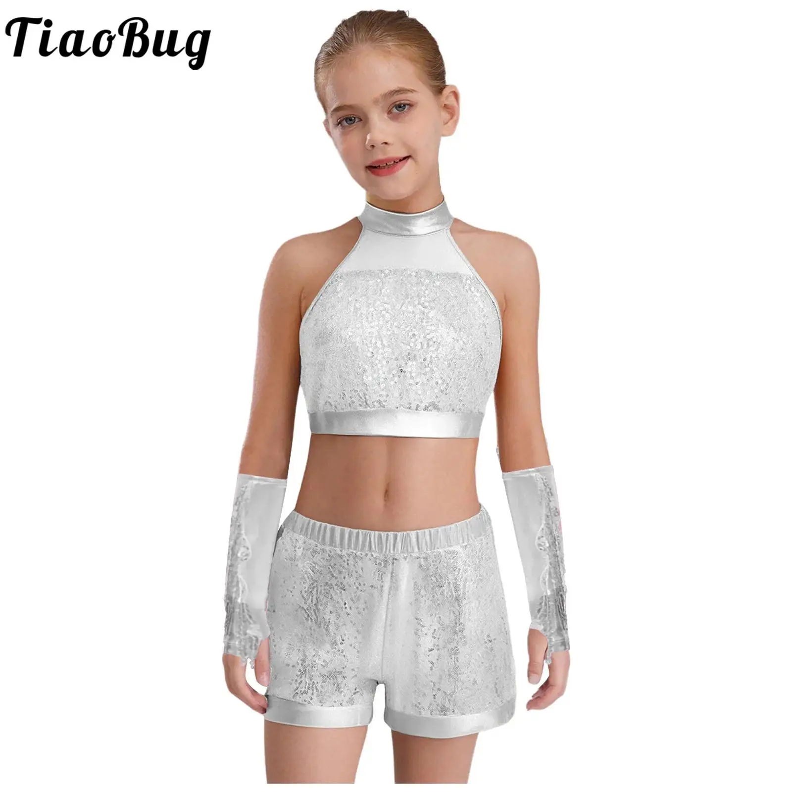 Traje jazz hip hop con lentejuelas metálicas y borlas para niña